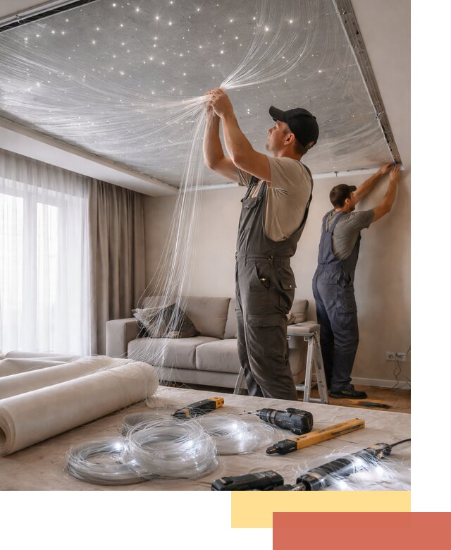 Монтаж натяжного потолка «Звездное небо» в Славгороде